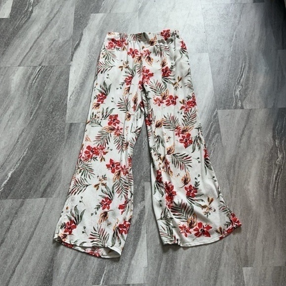 White floral linen pants elastic waist & pockets size medium red & orange - Picture 13 of 13